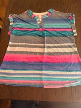 Striped Notch-Neck Knit Top in Multicolor